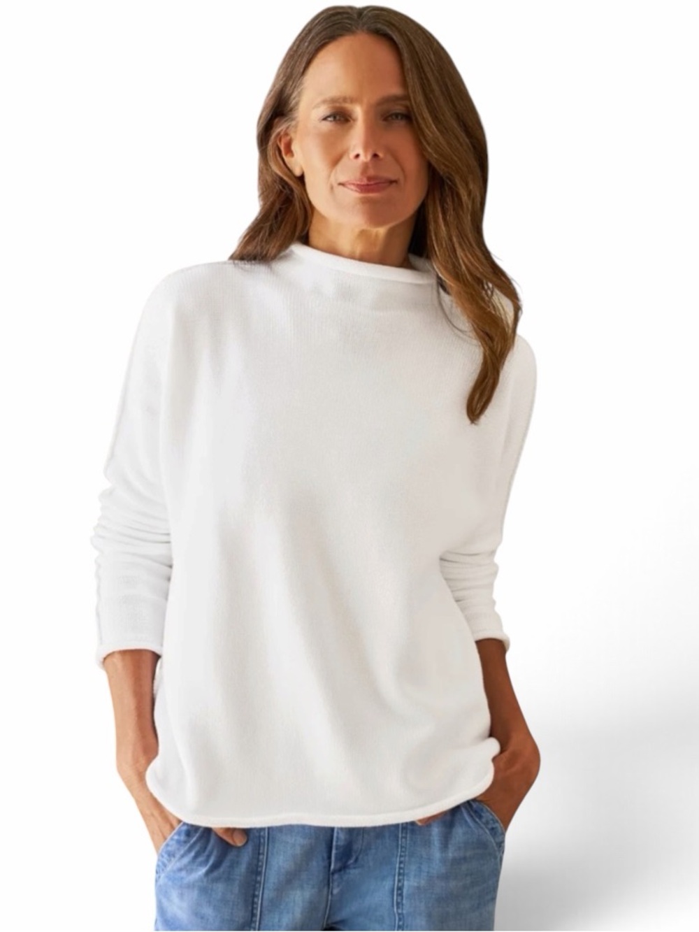 Frank & Eileen Women White Cotton Long Slv Rolled Neck Montery Sweater Sz S Luxe